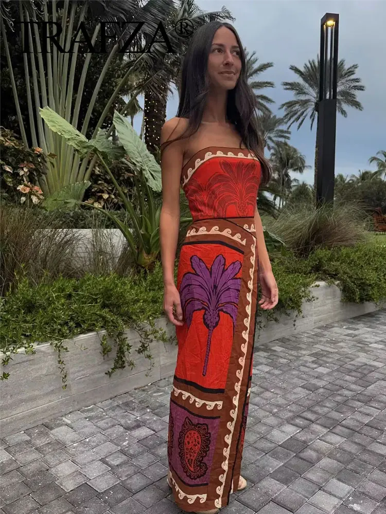 

TRAFZA Fashionable Sleeveless Backless Strapless Women's Resort Style Dress Summer Women's Printed Splicing Satin Dress Y2K
