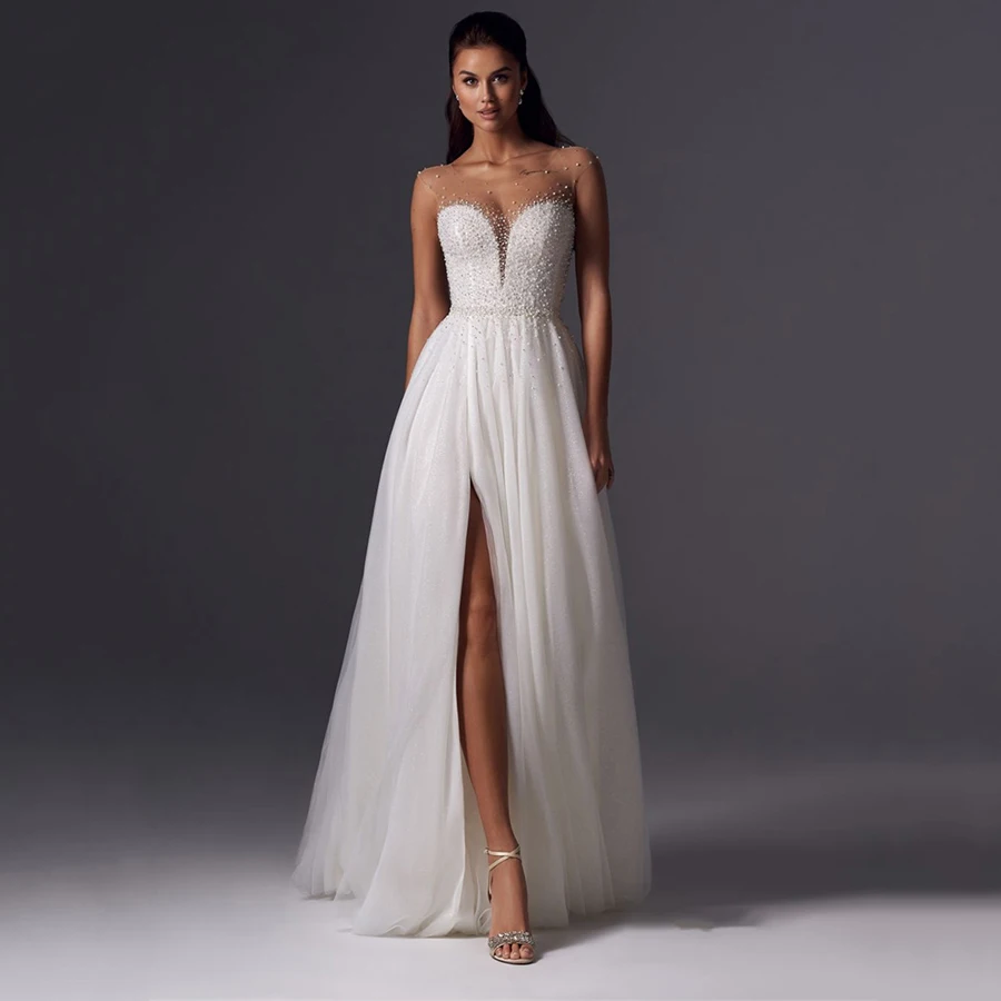 

Elegant Sleeveless Pearl Round Neck A-line High Slit Wedding Dresses for Women Button Bride Gown Tulle Skirt vestidos de novia