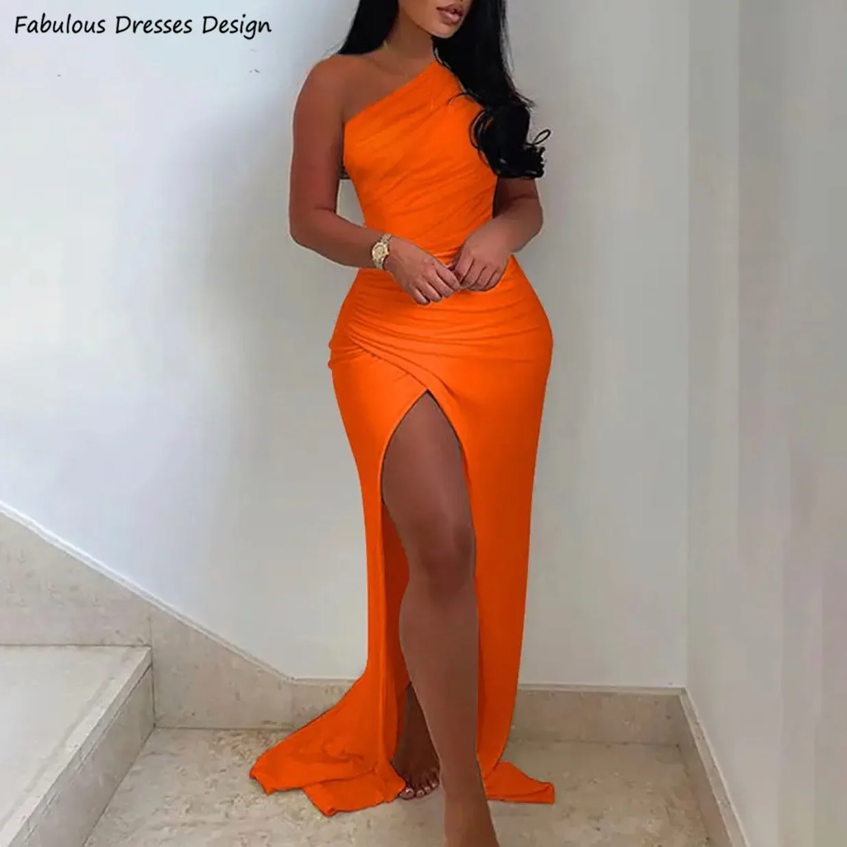 

Orange One Shoulder Trumpet Bridesmaid Dresses Long Mermaid Pleat Sexy Side Slit Wedding Guest Dress For Women Prom Party Gown