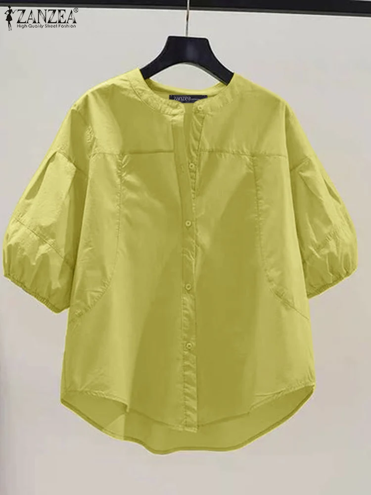 

Летняя рубашка с круглым вырезом и рукавом 3/4 ZANZEA, модная женская элегантная блузка, повседневные однотонные Блузы на пуговицах, женские Рабочие топы, туника, 2024