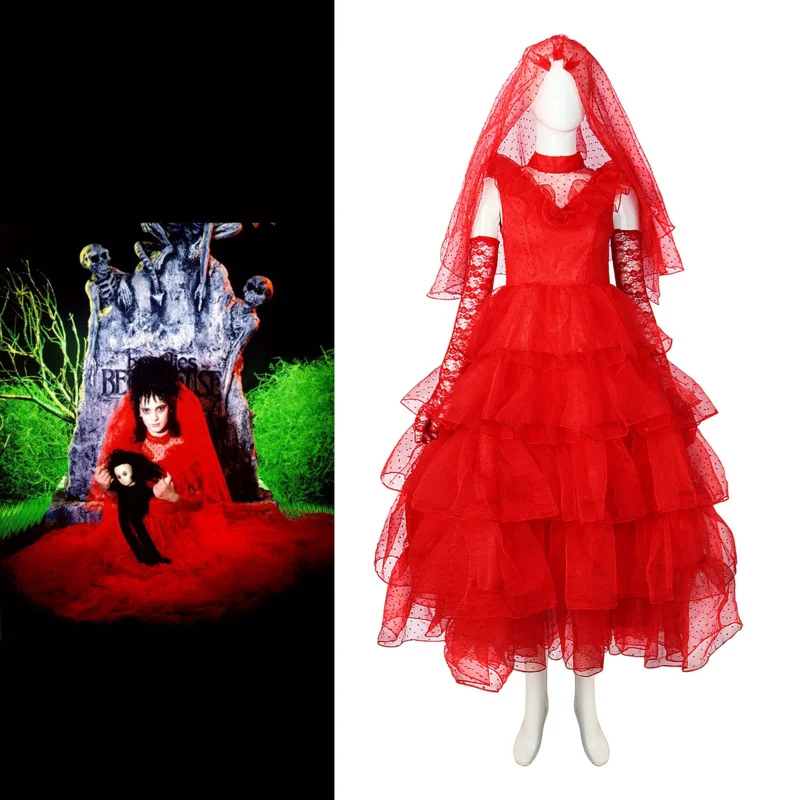 

BeetleJuice Lydia Cosplay Costume Women Wedding Red Dress Gloves Outfits For Girls Adult Halloween Carnival Party RolePlay Suit