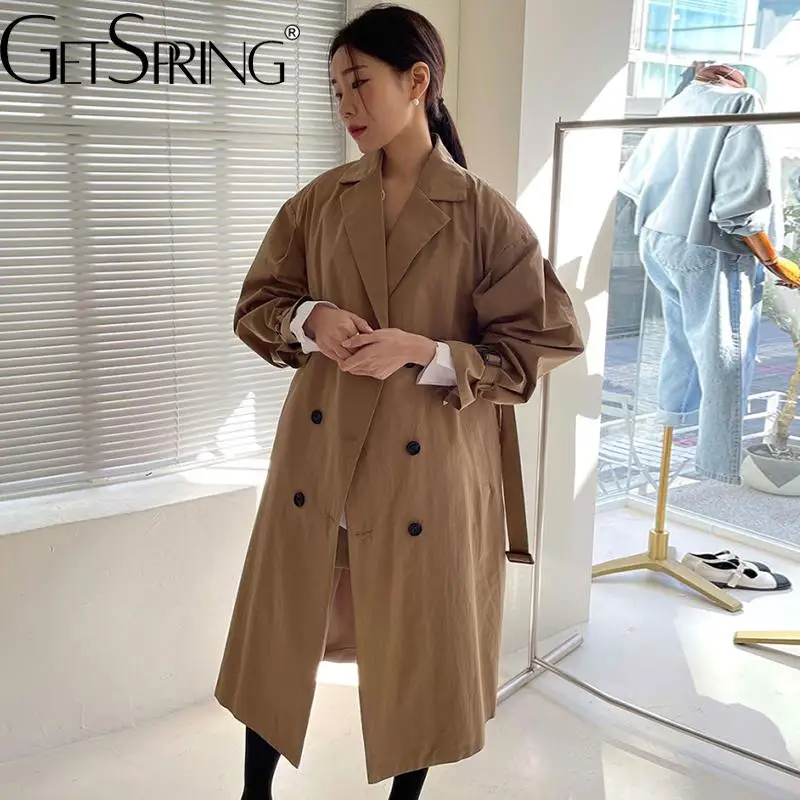 

GetSpring Women Trench Coat 2023 Temperament Double Breasted Windbreaker Fashionable Solid Loose Casual Long Overocat Autumn New