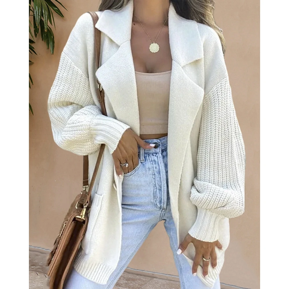 

Winter Women Long Sleeve Knitted Ribbed Stitching Coat Femme Casual Pocket Design Nothched Collar Single Buttoned Jacket Outfits