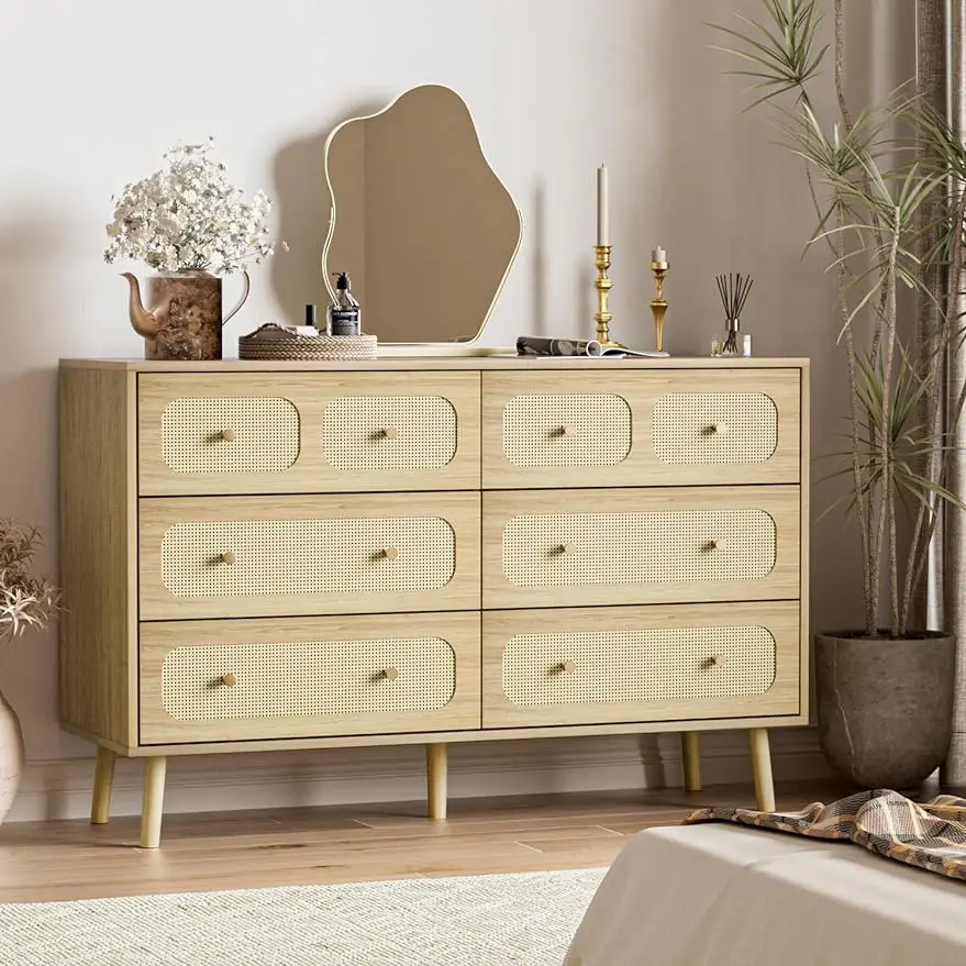 

4/6 Drawer Double Dresser for Bedroom, Rattan Dresser with Gold Handles, Boho Chest of Drawers with Deep Drawers for Living Room