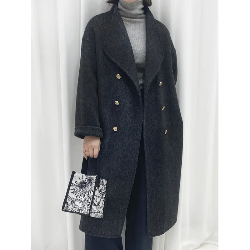 

Handmade Long Fur Stand Collar Double-Breasted Double-Sided Wool Coat Woolen Coat New Extended Elegant 2023 Autumn and Winter