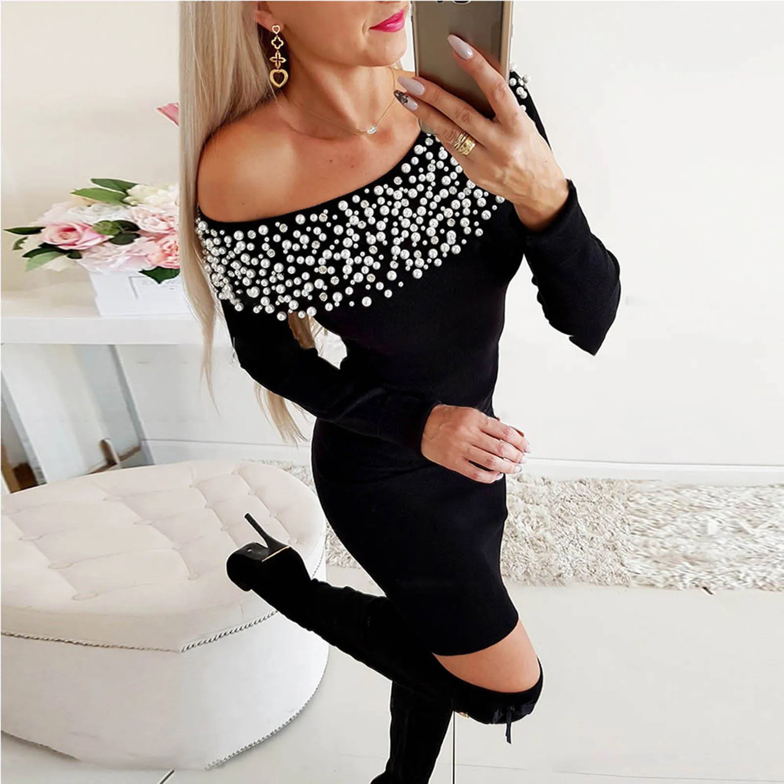 

Sexy Beaded Wrap Hip Dress Elegant Party Long Sleeved Knitted Bodycon Mini Dress Casual Spring Summer Strapless Dress Robe Mujer