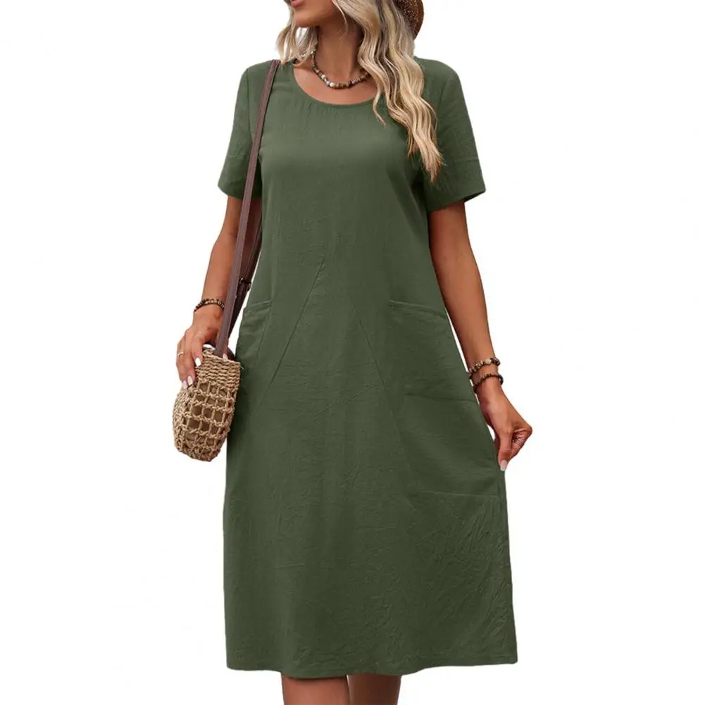 O-neck Short Sleeve Dress Stylish Women's Knee-length Summer Dress Loose Fit O-neck Short Sleeve Solid Color with Pockets
O-neck Short Sleeve Dress Stylish Women's Knee-length Summer Dress Loose Fit O-neck Short Sleeve Solid Color with Pockets