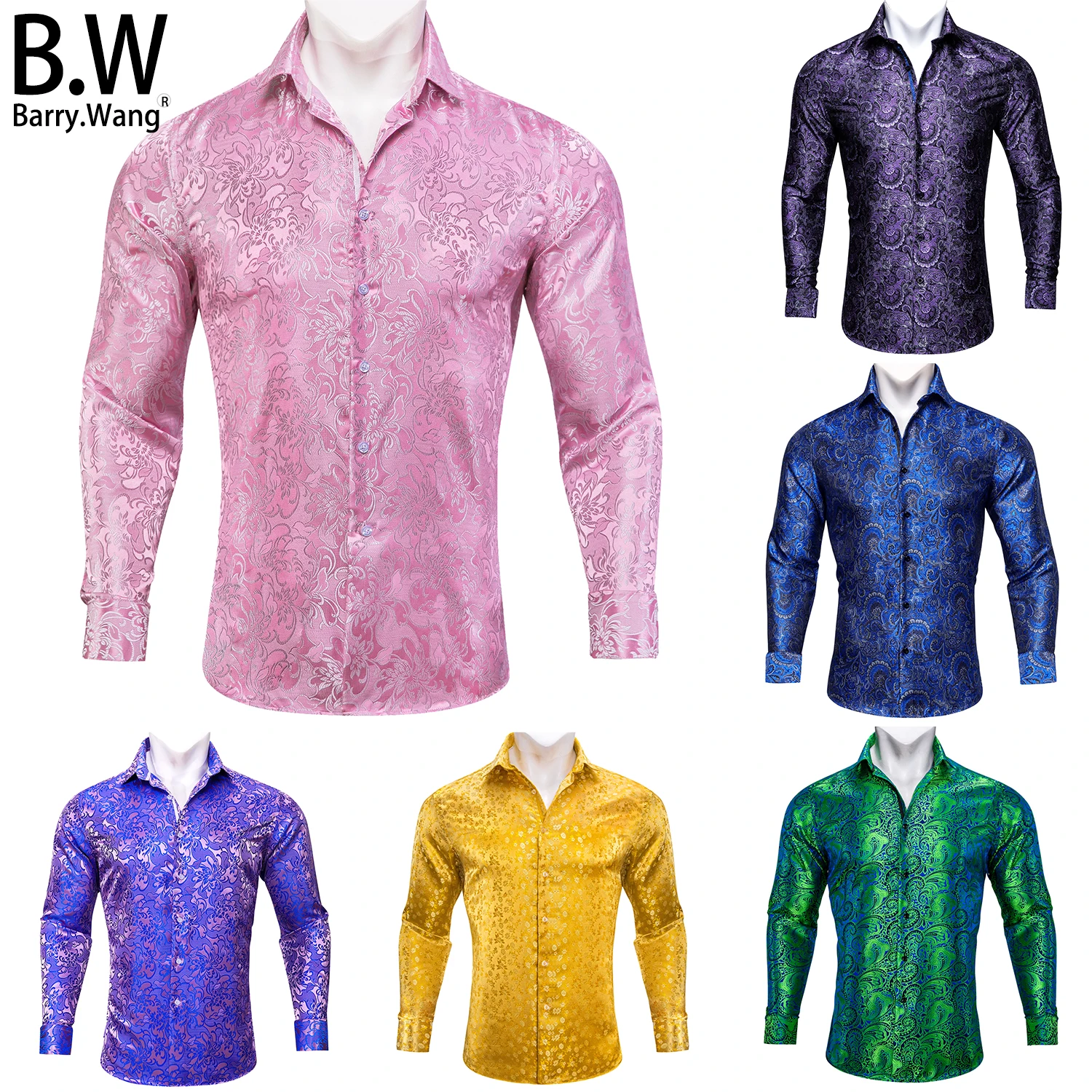 

Barry.Wang Luxury Silk Mens Shirts Jacquard Floral Long Sleeve Formal Casual 26 Colours Male Blouses Wedding Business Prom Gift