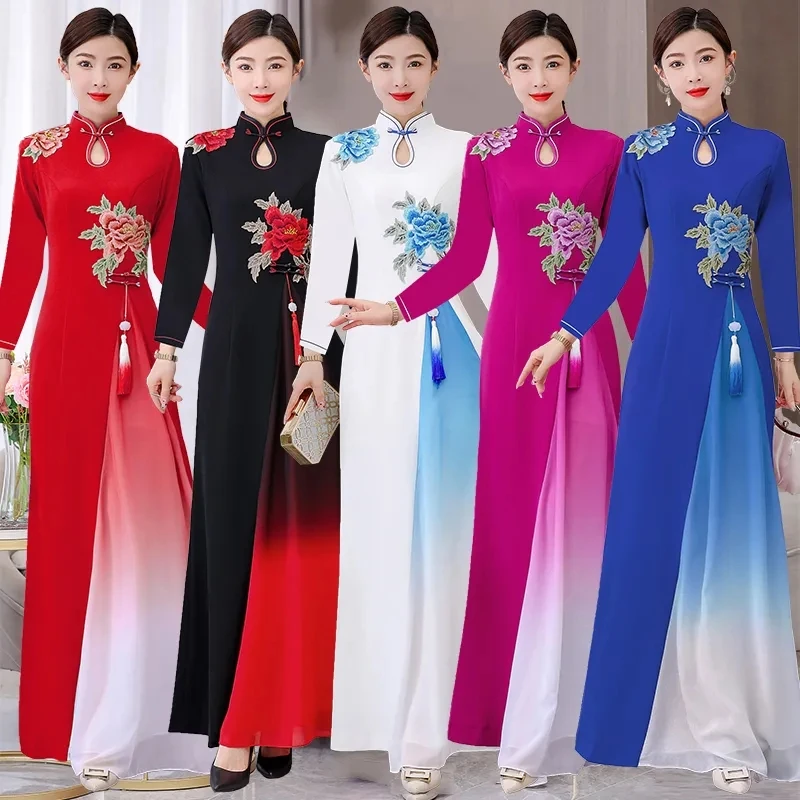 

2024 Vietnam Aodai Dress Traditional Chinese Improved Qipao National Flower Embroidery Cheongsam Dress Gradient Color Dress