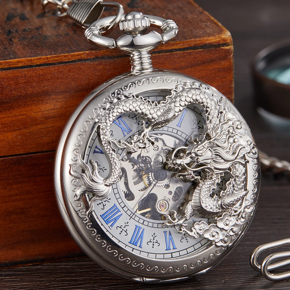 

Antique Retro Mechanical Pocket Watch WITH Fob Chain Roman Numerals Skeleton MALE CLOCK for Men Women for Collection reloj