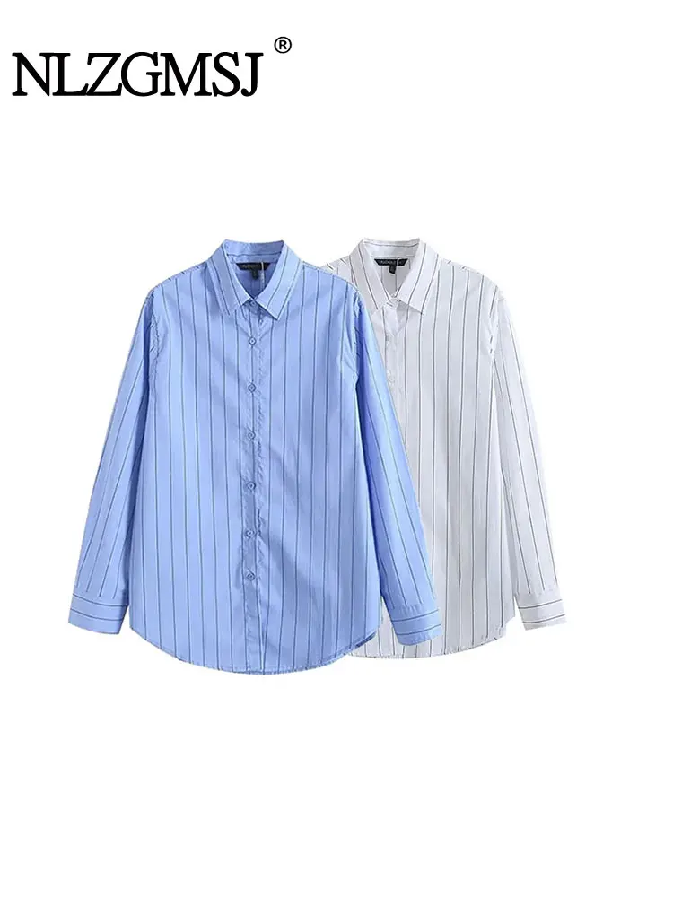 

Nlzgmsj TRAF 2023 Autumn Women two-tone Shirts Classic style Long SleeveLarge stripe Blouses Chic Tops