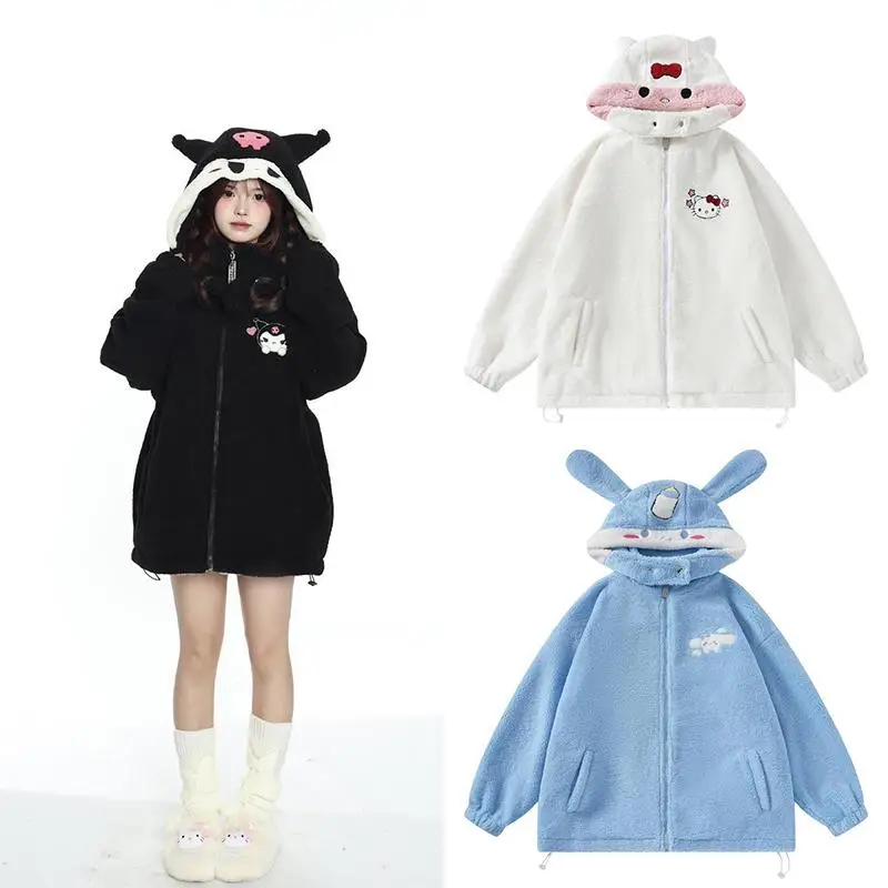 

Sanrios Kawaii Hooded Jacket Hello Kittys Kuromi Cinnamoroll Cartoon Girl Heart Cute Embroidery Removable Women's Clothes Tops