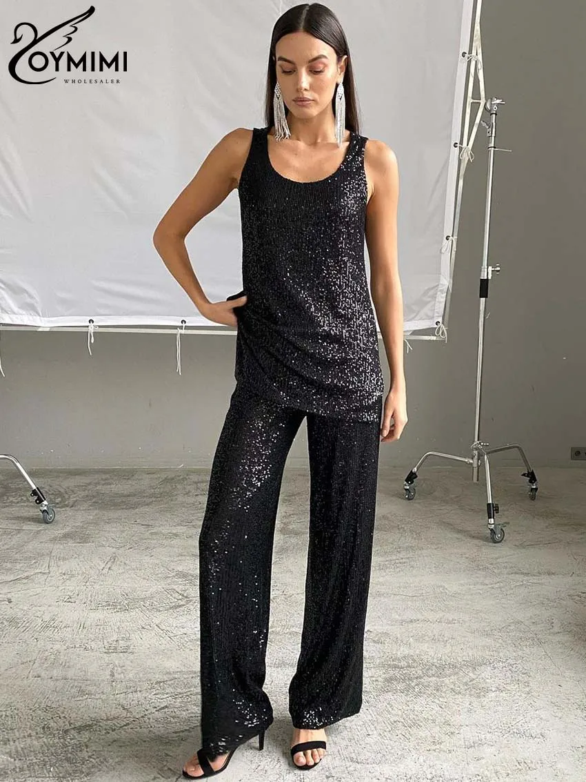 

Oymimi Fashion Black Sequin Sets For Women 2 Pieces Elegant Loose Slip Solid Tops And High Waisted Straight Trousers Female Sets