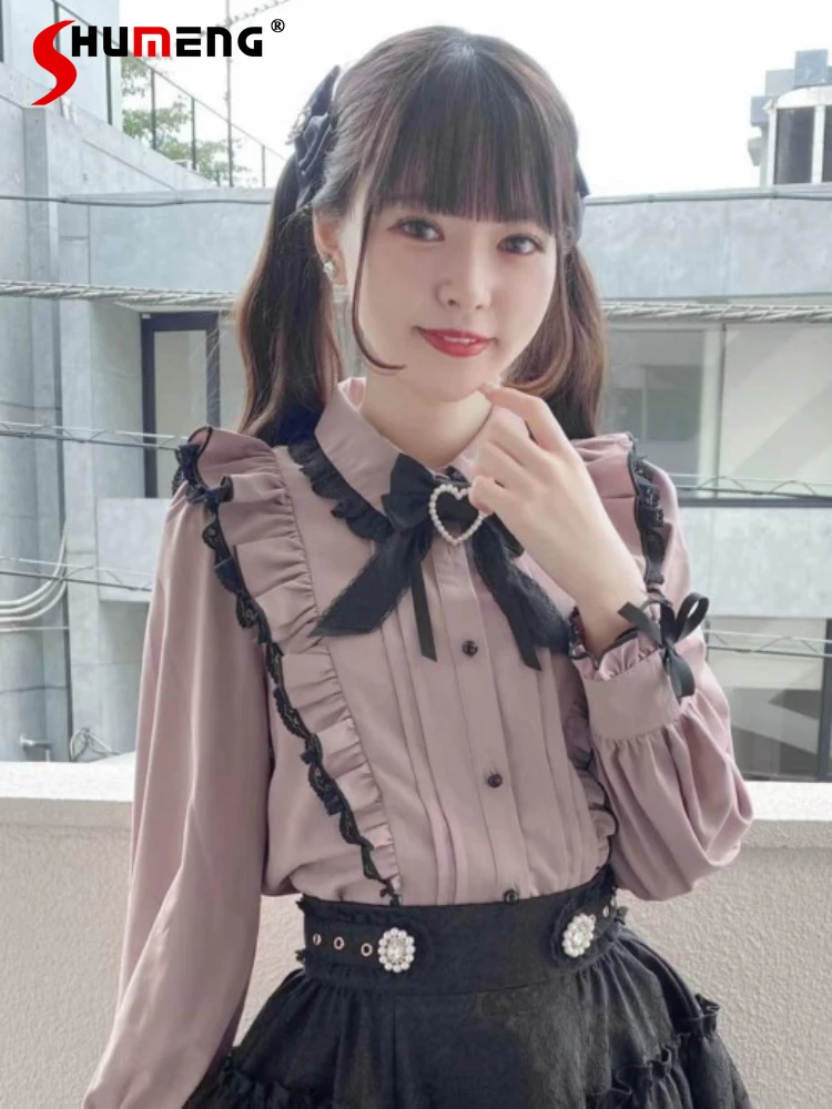 

Japanese Mine Style Rojita Shirt Doll Collar Love Heart Lace Bow Lace-up Long Sleeve Single-Breasted Sweet Lolita Blouse Women