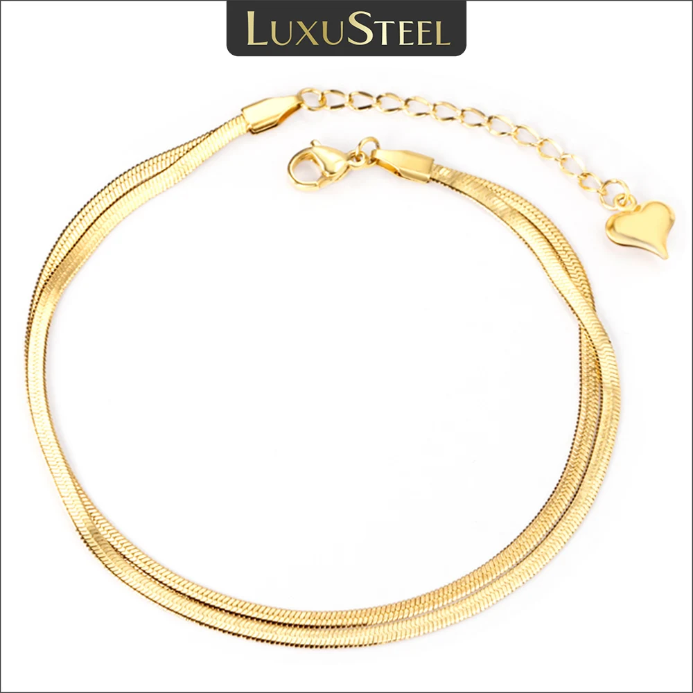 

LUXUSTEEL 2023 New Double Flat Snake Chain Anklets For Women Gold Plated Stainless Steel Heart Charm Vingate Foot Accessories
