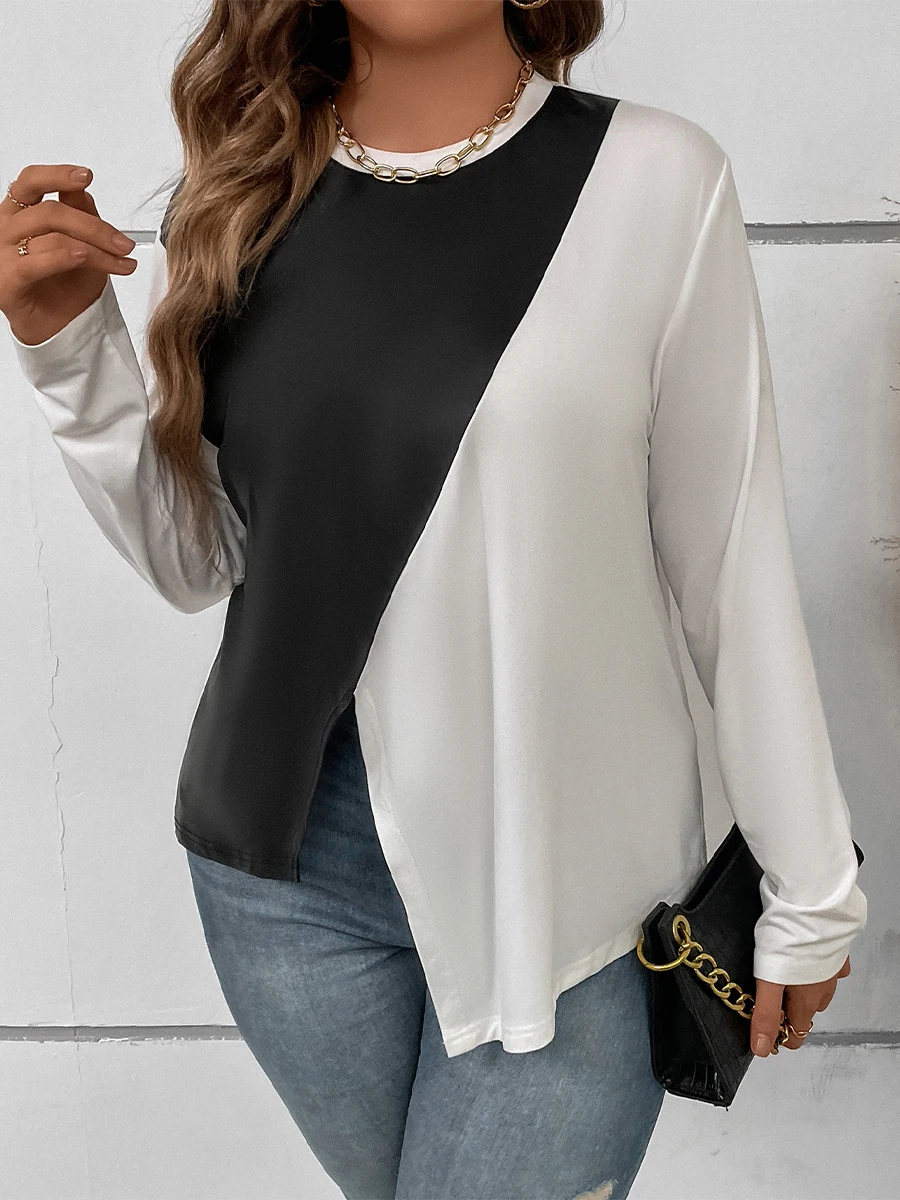 

Finjani Women's Plus Size T-shirt Two Tone Asymmetrical Long Sleeve Hem Top Casual Clothing For Autumn New