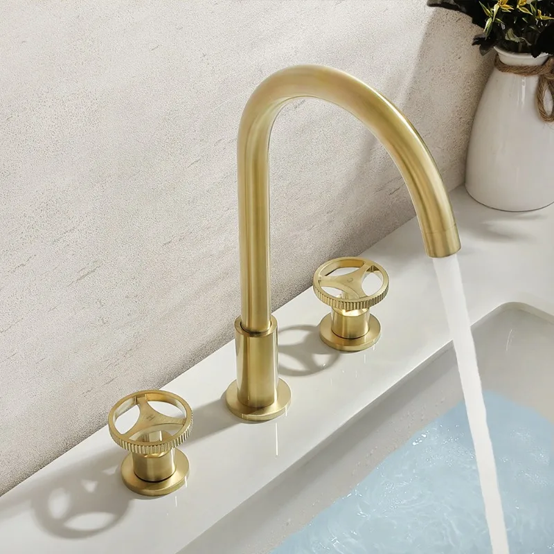 

New Basin Faucet Bathroom Widespread Hot and Cold Rotation Total Brass Water Mixer Tap Brush Gold Basin Water Sink Mixer