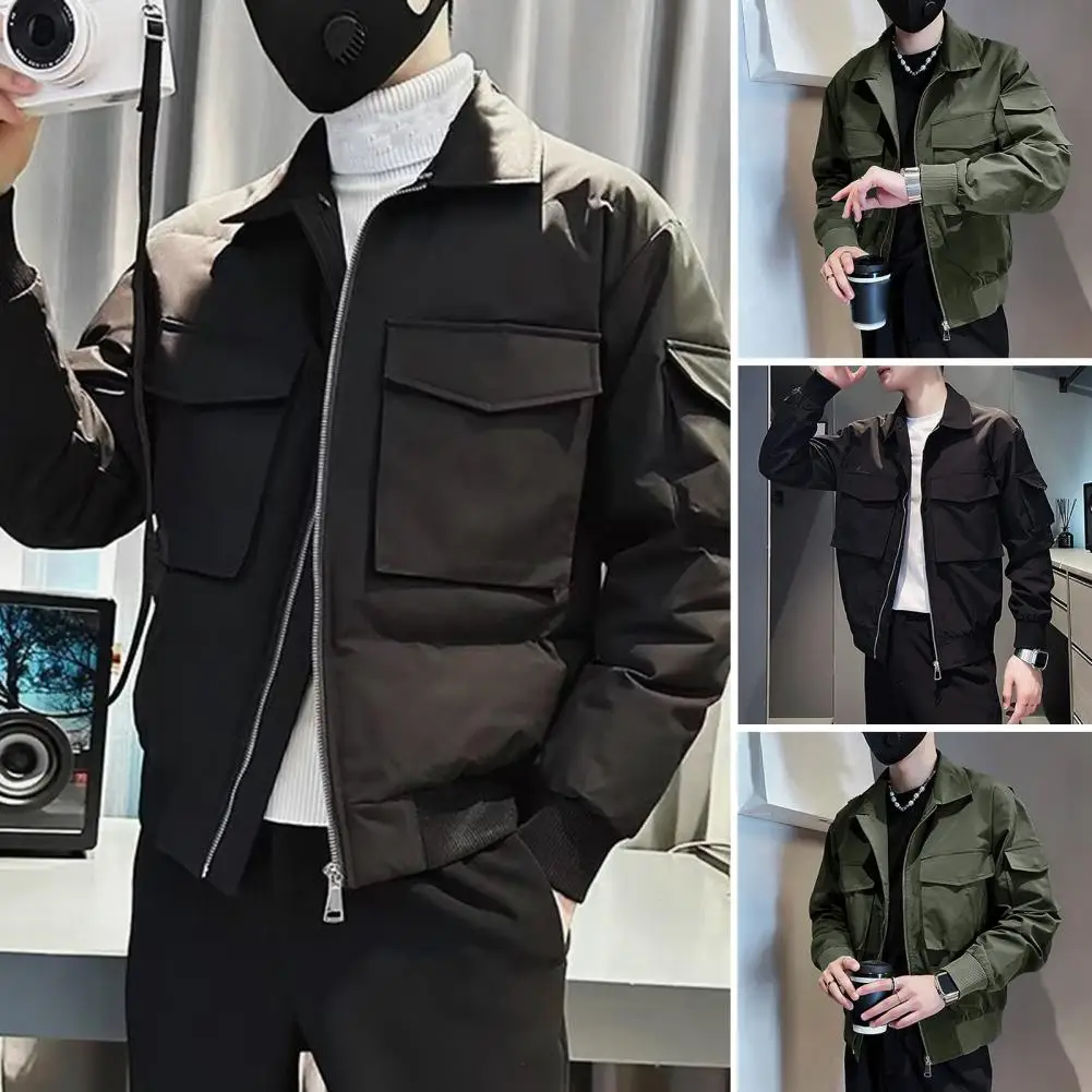 

Men Casual Coat Hip Hop Streetwear Men's Jacket with Multiple Pockets Zipper Closure Lapel Buttons Casual Solid Color Coat for A