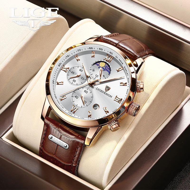 

LIGE Fashion Luxury Men WristWatch Casual Quartz Watch Genuine Leather Strap Chronograph Calendar Luminous Waterproof Men Watch