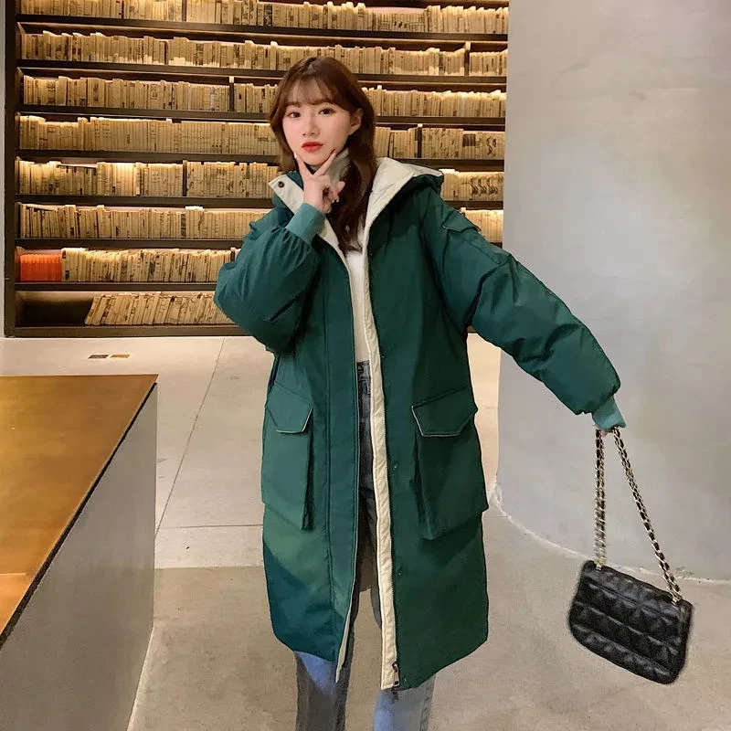 

Женские Длинные парки, новинка 2023, зимнее женское свободное хлопковое пальто с хлопковой подкладкой, пальто с хлебом в Корейском стиле, теплая плотная верхняя одежда, женское базовое пальто