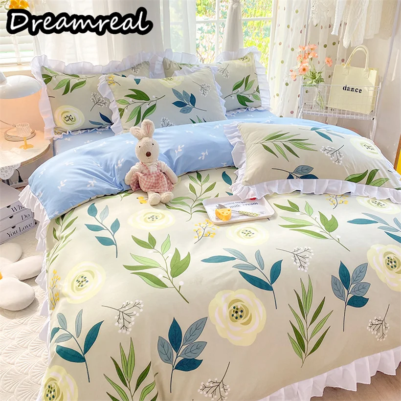 

Dreamreal Cotton Comforter Bedding Set Floral Printed Lace Duvet Cover Flat Sheet Pillowcase Boy Girl Bedroom Brushed Bed Linens