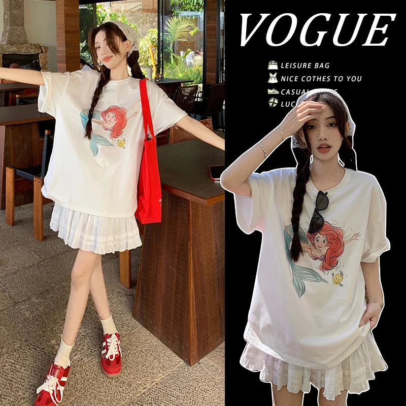 

2024 Summer Maternity Clothes Set Fashion Printing T-shirt+lace Belly Skirt Twinset Plus Size Pregnant Woman Cake Skirts Suits