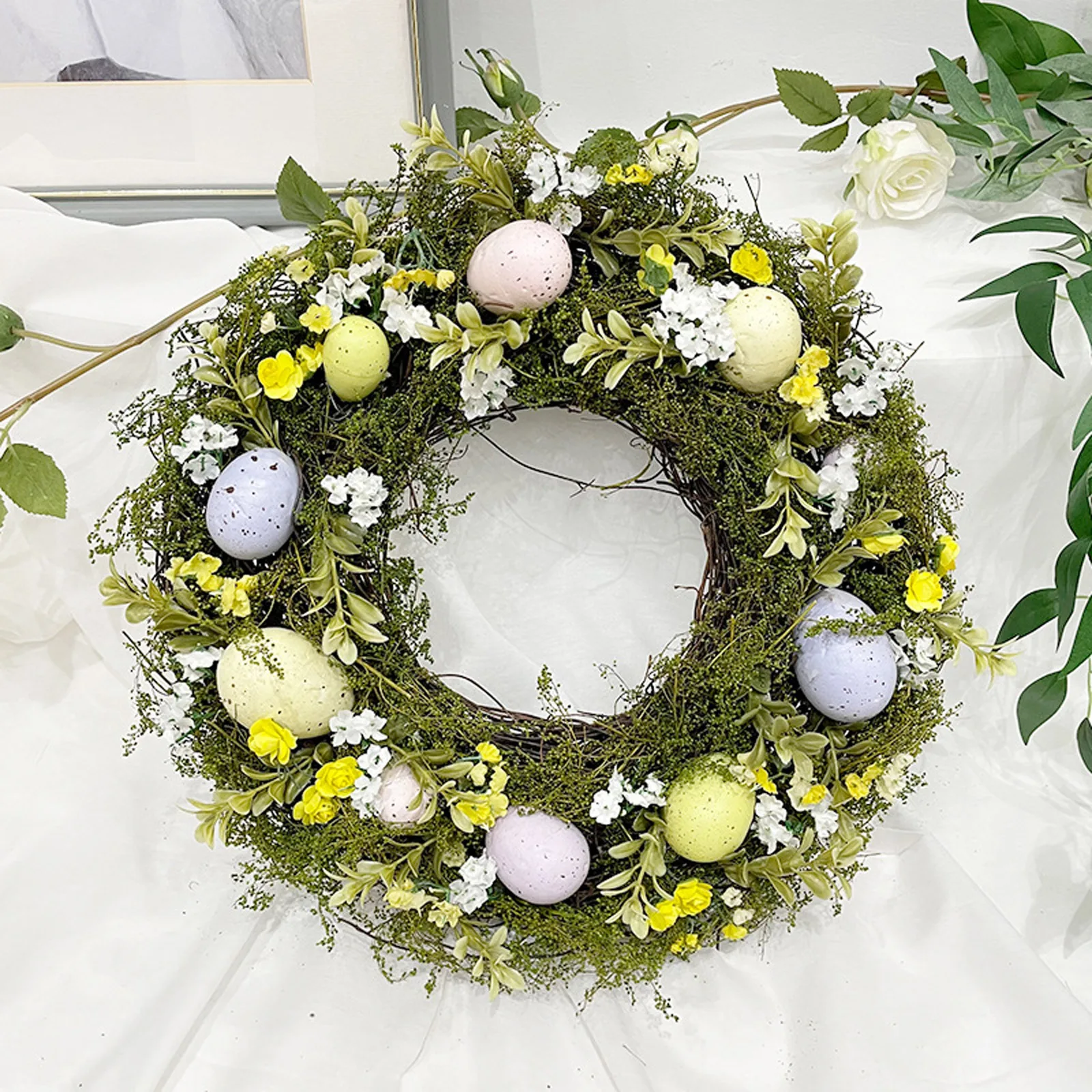 

40cm Easter Wreath with Easter Eggs Artificial Flower Leaves Garland for Home Front Door Wall Window Easter Decoration 2024