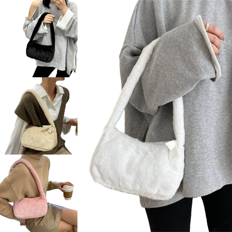 

Women Soft Plush Shoulder Bag Casual Tote Autumn Winter Solid Color Furry Underarm Bag Casual All-match Handbag for Shopping