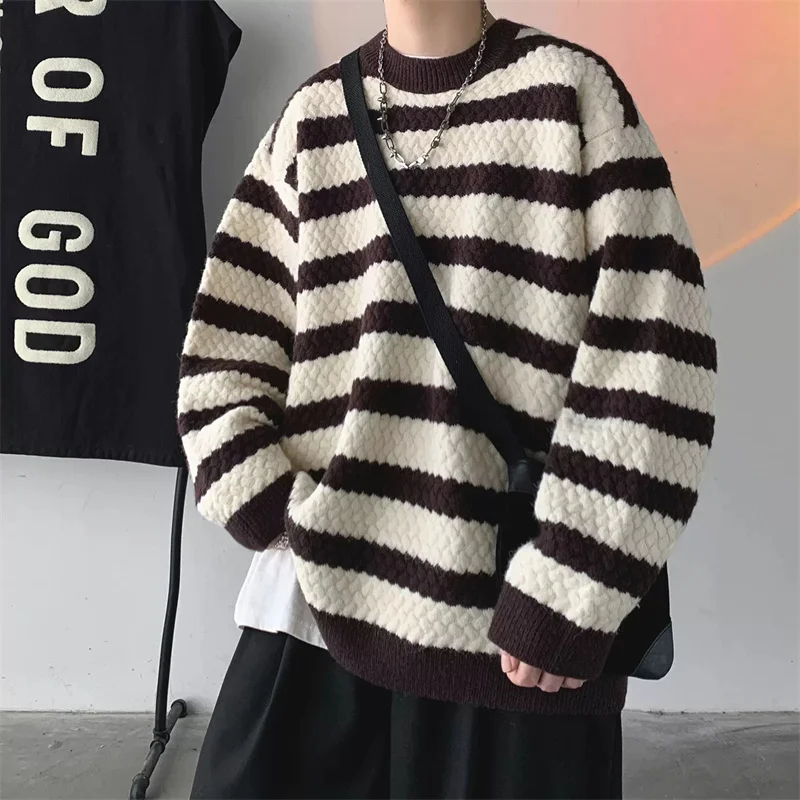 

Striped Sweater Man 2022 Autumnwinter Anything To go With Lazy Day Style Loose Coat Retro Winter Thickened Long-Sleeved Knitwear
