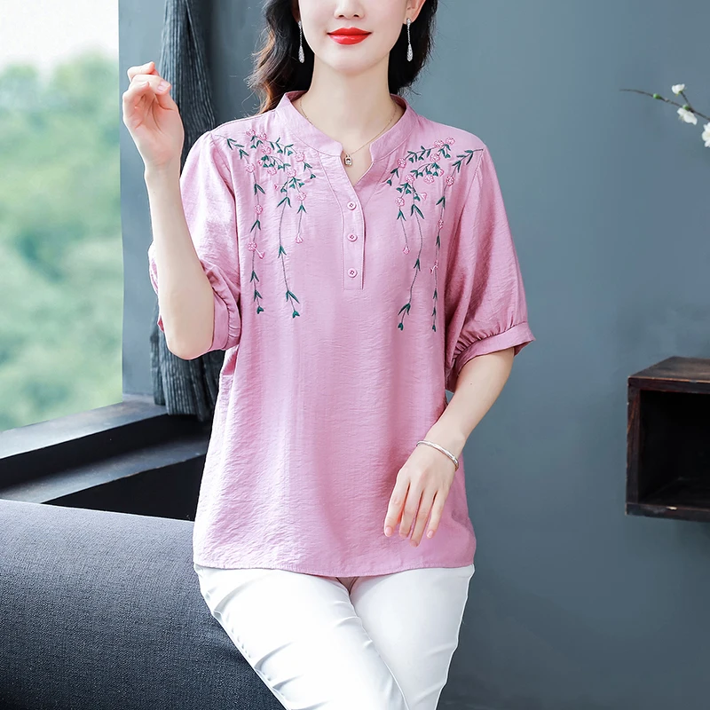 

2023 New Arrival Summer Women Loose Fit Vintage Floral Embroidery V-neck Blouse Short Sleeve Cotton Linen Casual Shirts V527