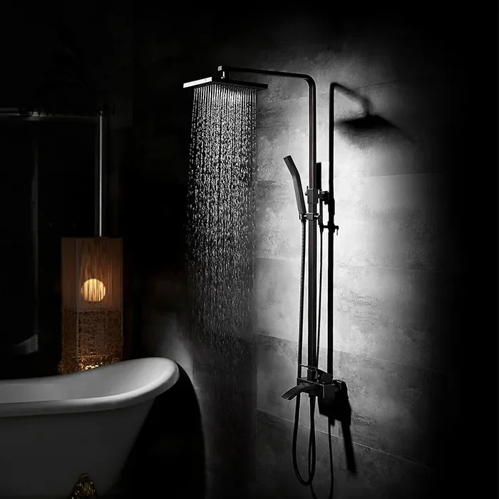 

Vidric Shower Faucets Brass Black Bathtub Faucet Square Tube Single Handle Top Rain Shower With Slide Bar Wall Water Mixer Ta