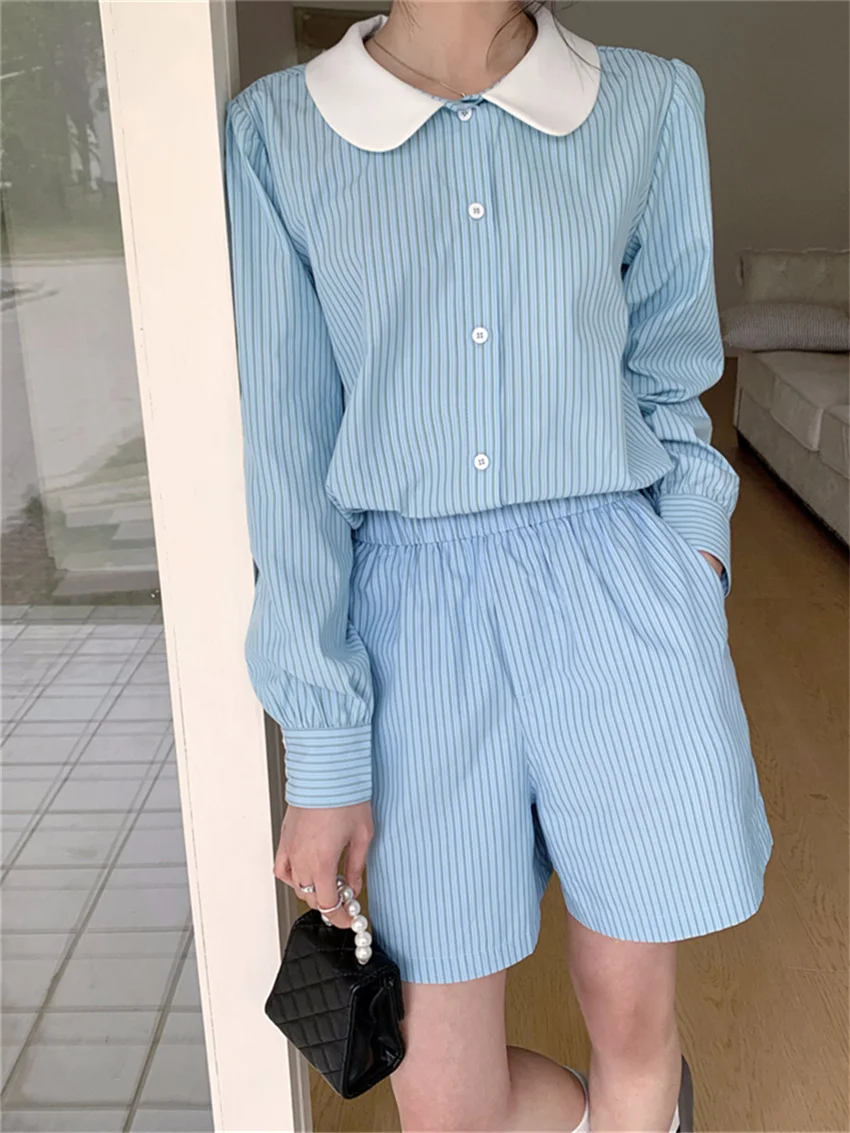 

Alien Kitty New Stripes Gentle Suit Women Shirt Chic Full Sleeve Casual Summer Wide Leg Shorts Office Lady High Street Work Wear