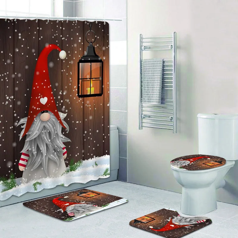 

Cute Cartoon Gnome Christmas 4pcs Shower Curtain Set Bathroom Curtains Set Elf Dwarf Curtain for Kids Rug Toilet Cover Mat Decor