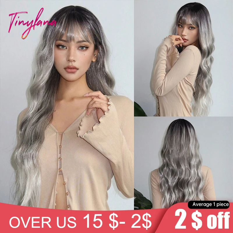 

Long Wavy Silver Gray Ombre Blonde Wigs with Bangs Curly Platinum Cosplay Natural Hair Wigs for Women Afro Heat Resistant Fiber