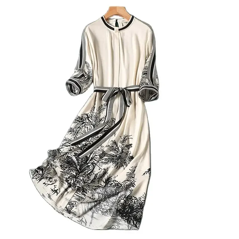 

Apricot Striped Print Chiffon Vintage Lace Up Long Sleeve A-Line Women's Dress Korean Fashion Mid-Calf Dresses For Women Z581