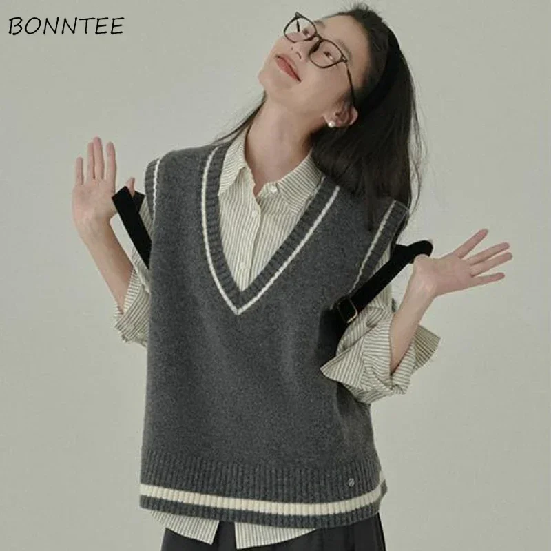 

Autumn Sweater Vest Women Panelled Knitted All-match Preppy Style Casual Girls Soft V-neck Tender Ulzzang Sleeveless Clothing