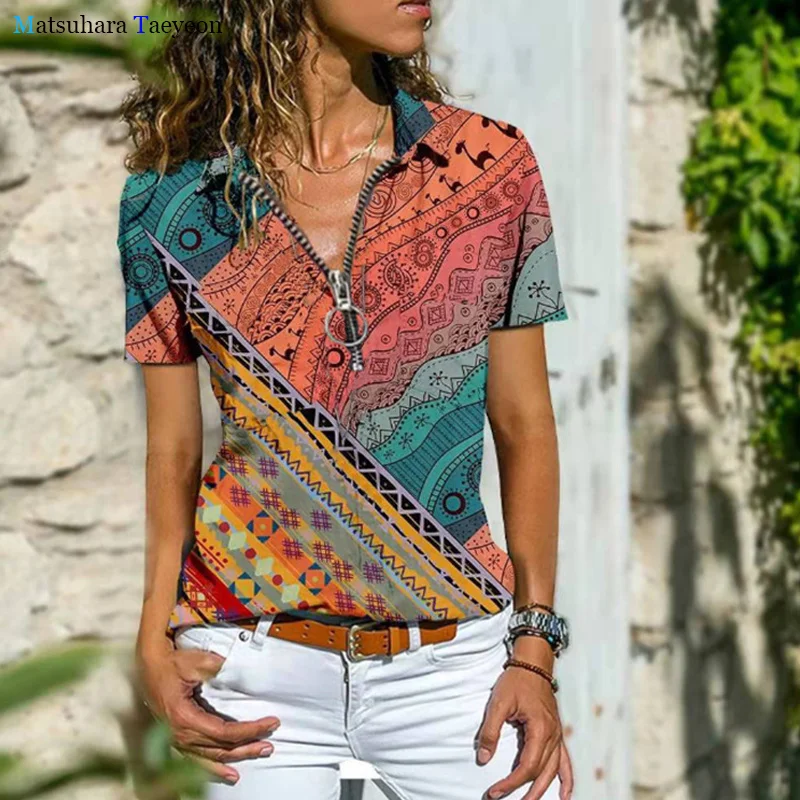 Fashion Summer Short Sleeve New Hot Selling T-shirt Women's Clothing Western Bohemia National Style Zipper T Shirt for Women
Fashion Summer Short Sleeve New Hot Selling T-shirt Women's Clothing Western Bohemia National Style Zipper T Shirt for Women
