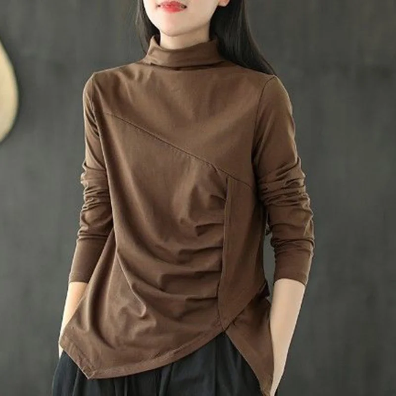 

Fashion Solid Color Loose Folds Irregular T-Shirt Female Clothing 2023 Autumn New Casual Pullovers Korean Asymmetrical Tee Shirt