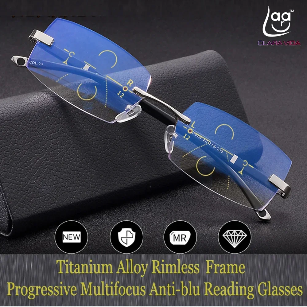 

Clara Vida = Progressive Multifocal Reading Glasses Titanium Alloy Rimless TR90 Cut Edges See Near And Far TOP 0 ADD +0.75 To +3