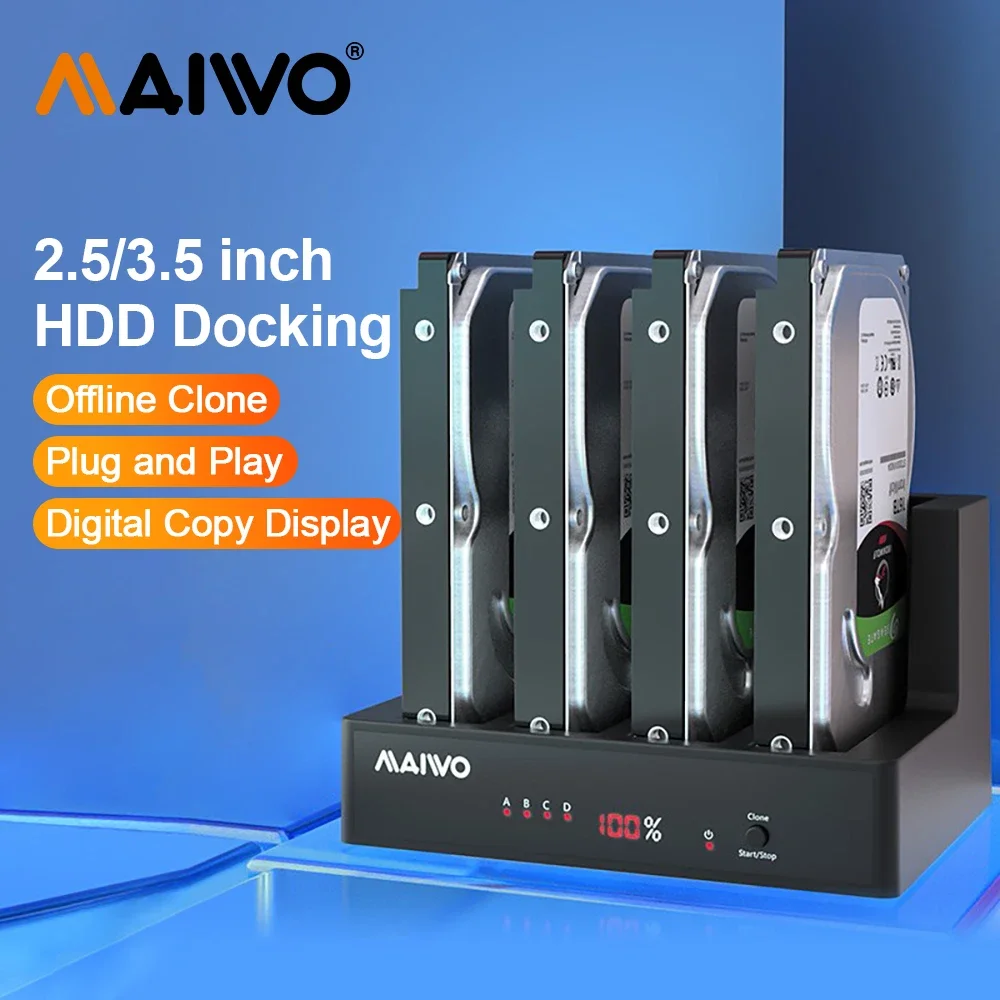 

Док-станция для жестких дисков MAIWO, 4 отсека, SATA на USB 3,0, док-станция для жестких дисков 2,5/3,5 дюймов, HDD/SSDStation с функцией офлайн-клонирования