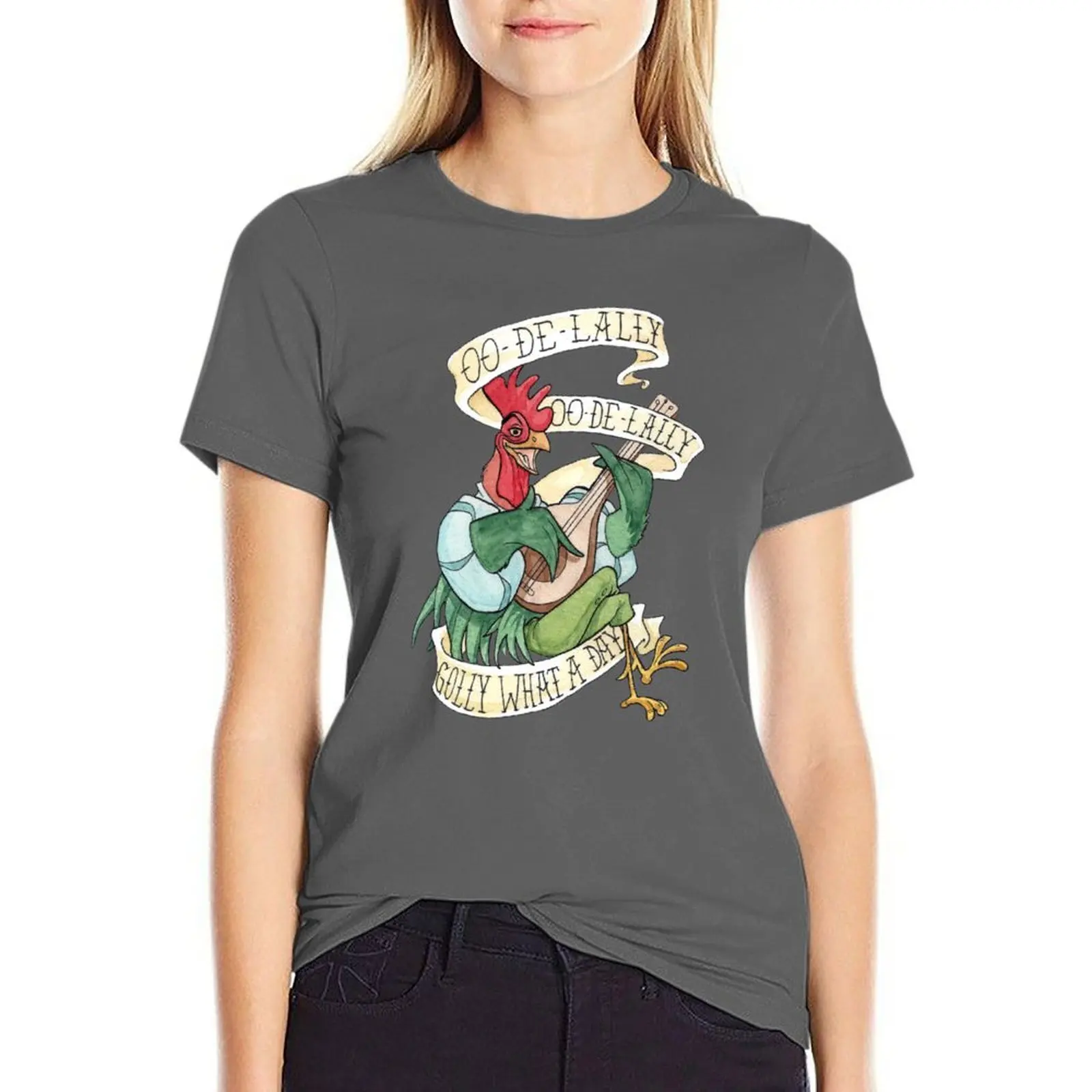 

Alan-A-Dale Rooster : OO-De-Lally Golly What A Day Tattoo Watercolor Painting Robin Hood T-Shirt summer clothes for Women