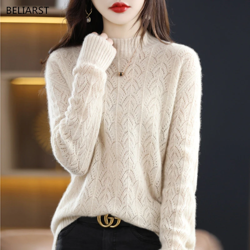 

BELIARST 100% Merino Wool Pullover Women's Half Turtleneck Top 2022 Spring Autumn Casual Knitted Strap Tops Thin Jacket Fashion