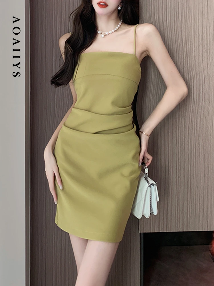 

Aoaiiys Mini Dress for Women Dresses 2023 Summer Green Slim High Waisted Dresses Above Knee, Mini Casual Spaghetti Strap Dress