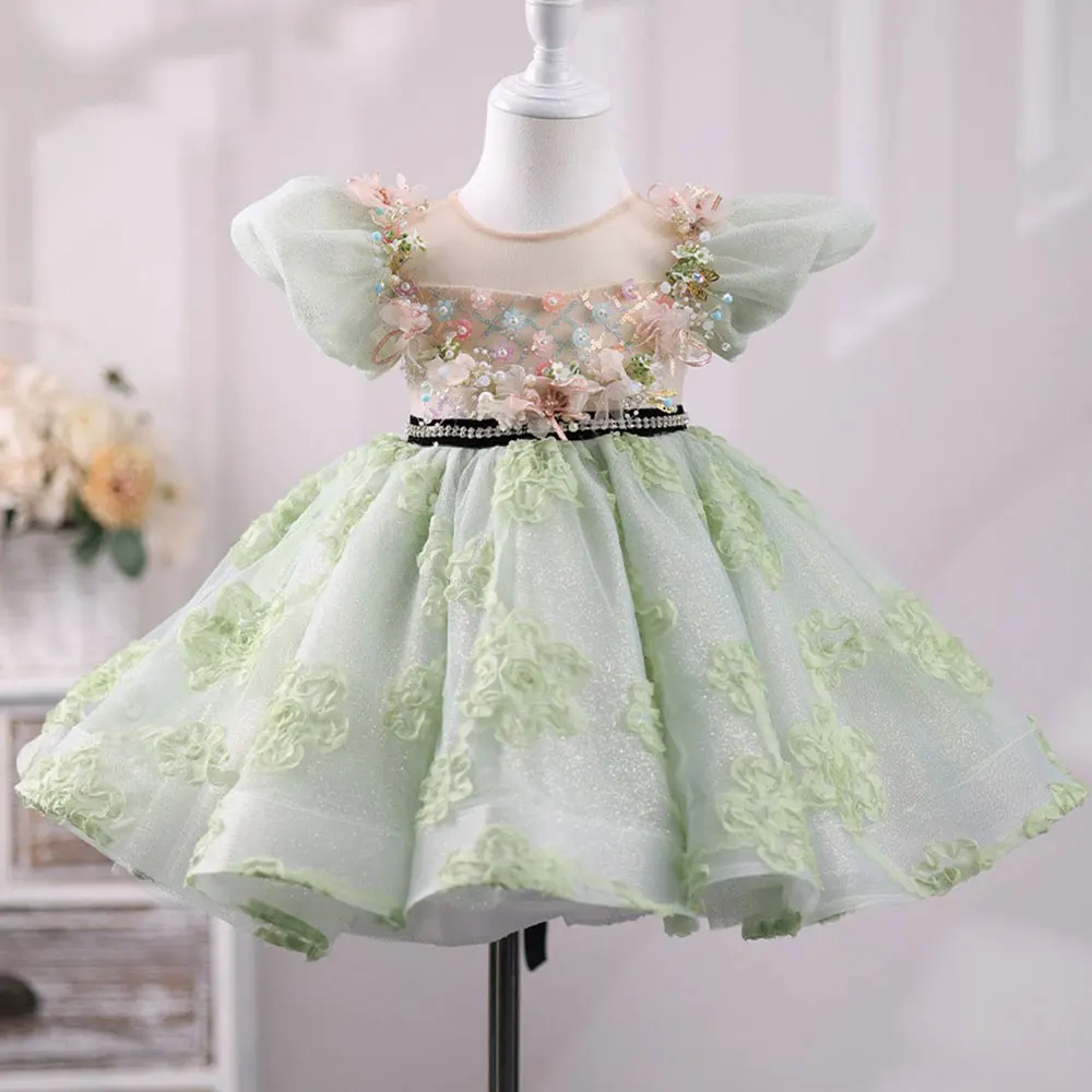 

Jill Wish Floral Dubai Sage Green Baby Girl Dresses Arabic Beads Princess Kids Gown for Baby Birthday Wedding Party Pageant J406