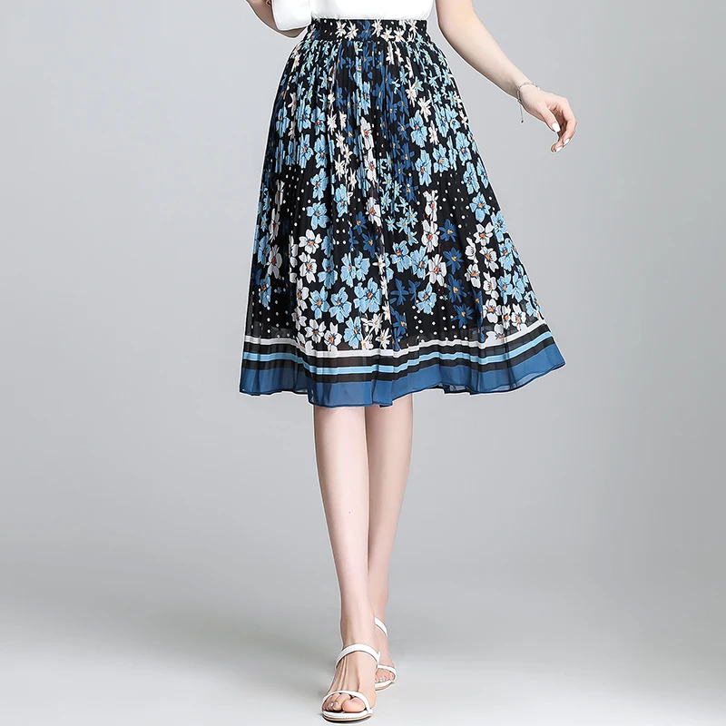 

ZUZK Summer Cool Flower Pleated Skirt Chic New Drape Pleated Elastic Waist Korean Style Fashion Skirt Jupe