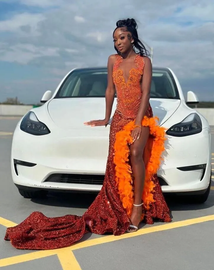 

Оранжевое Сверкающее длинное вечернее платье на день рождения для черной девушки 2024 бархатное платье с перьями и стразами для выпускного вечера платья для торжества