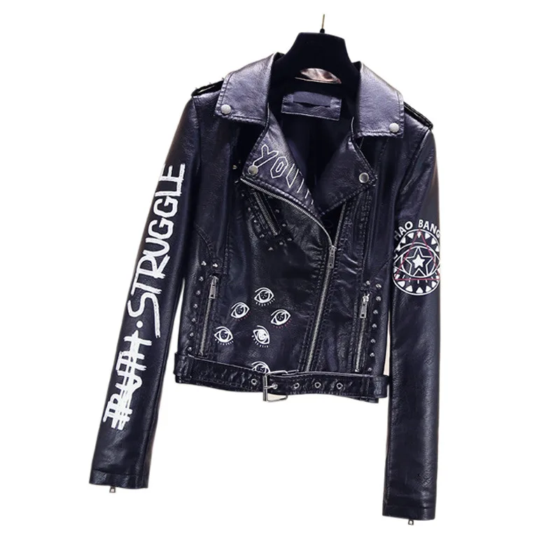 Punk style lapel female pu leather coat epaulette belt printed motorcycle suit leather jacket studded short coat
Punk style lapel female pu leather coat epaulette belt printed motorcycle suit leather jacket studded short coat