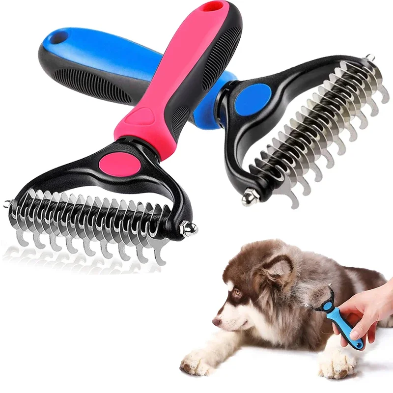 

Pet Fur Knot Cutter Dog Hair Remover Comb Cat Grooming Shedding Tools Double Sided Brush Long Curly Hair Cleaner Pets Products