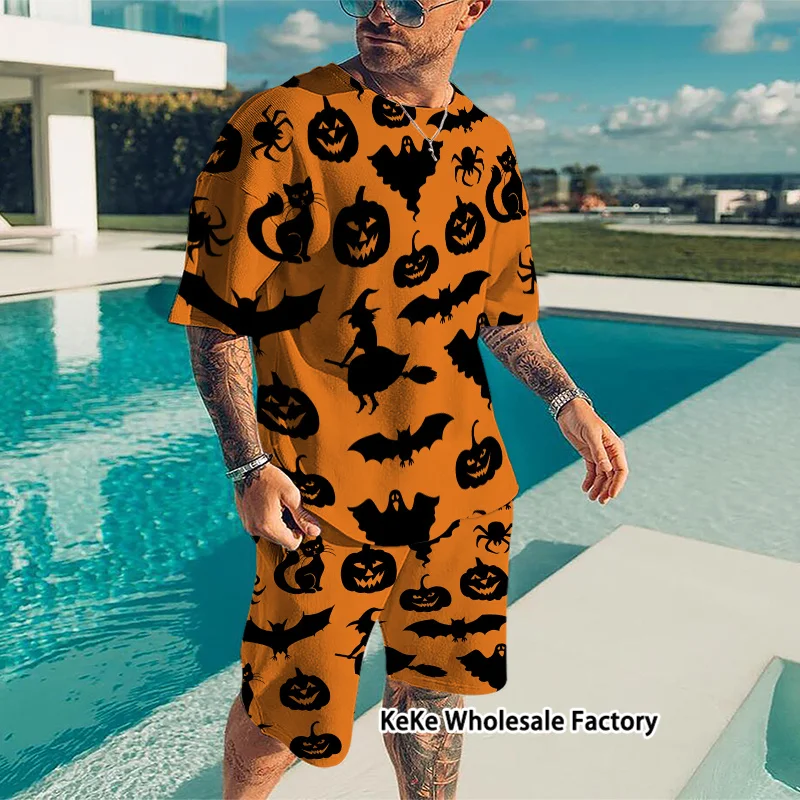 

Hip Hop T Shirt Shorts 2PCS Set Halloween Funny Pumpkin Pattern Print Festive Themed Party Tracksuit Unisex Trend Clothing Suit