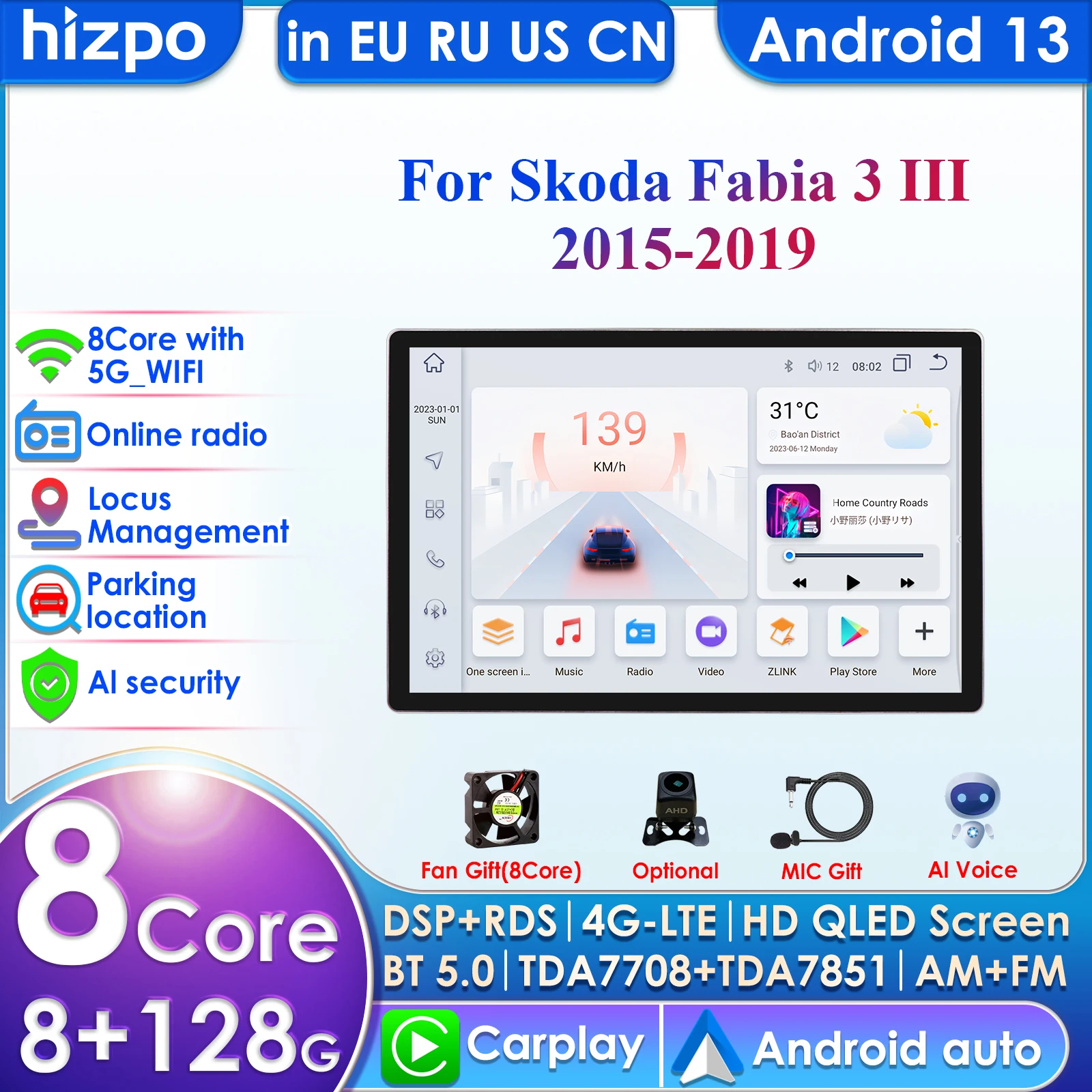 

Carplay 4G 9" Car Radio Android for Skoda Fabia 3 III 2015 2016 2017 2018 2019 Multimedia Player Navigation GPS 2 Din Stereo DSP